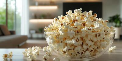 Popcorn in a glass bowl on a wooden table, perfect for a cozy movie night at home in a bright living room photo