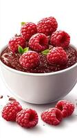 Decadent chocolate dessert topped with fresh raspberries and mint leaves, perfect for any occasion photo