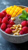 Fresh fruit and nut bowl with raspberries, mango, and chia seeds served in a textured ceramic dish photo