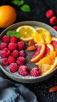 Fresh fruit and chia pudding bowl with vibrant berries and citrus for a healthy breakfast in a cozy kitchen photo