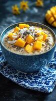 Healthy mango chia pudding served in a decorative bowl with coconut flakes on a blue patterned cloth photo