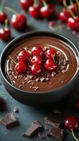 Rich chocolate dessert topped with cherries and chocolate shavings on a dark background photo