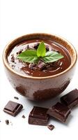 Creamy chocolate dessert with fresh mint garnishing, showcasing rich flavors and textures in a rustic bowl photo