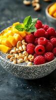 Chia pudding topped with mango, raspberries, and cashews on a dark surface photo