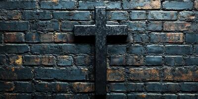 Cross mounted on a worn brick wall highlighting texture and contrast in a serene setting photo