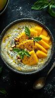 Healthy chia seed pudding topped with fresh mango and basil served in a rustic bowl on a dark table photo