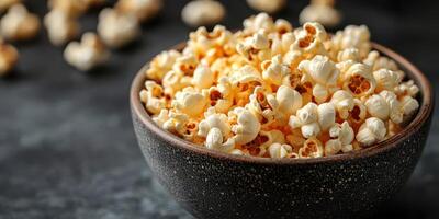 Delightful bowl of freshly popped popcorn on a dark surface with scattered kernels in the background photo