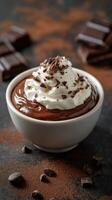 Delicious chocolate mousse topped with whipped cream and chocolate shavings in a simple bowl photo