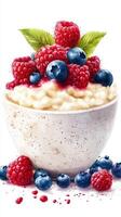 Delicious bowl of creamy yogurt topped with fresh raspberries and blueberries on a white background photo
