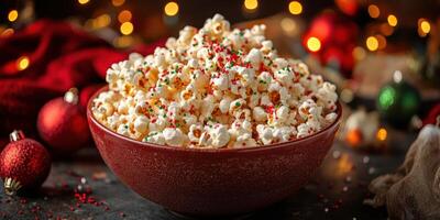 Holiday themed popcorn bowl filled with festive toppings and decorations on a cozy table setting photo