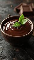 Rich chocolate pudding topped with mint leaves and chocolate shavings on a dark background photo