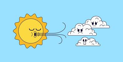 Sun blowing wind at clouds cartoon character hand drawn vector
