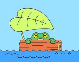 Frog on log floating on water under big green leaf cartoon illustration vector