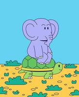 Elephant sitting on a turtle and walking in nature art vector