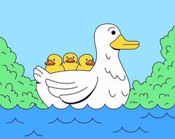 Duck with three ducklings swimming cartoon illustration vector