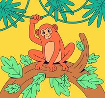 Cartoon Monkey Sitting and chill on a Tree at jungle hand drawn vector