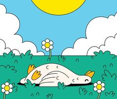 Relaxing lying duck in the green grass illustration vector