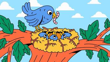 Bird feeding chicks in a nest on a tree branch illustration vector