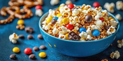Colorful popcorn snack mix in a blue bowl surrounded by candy and pretzels on a blue background photo