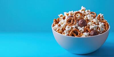 Delicious mix of caramel popcorn, chocolate candies, and pretzels in a white bowl against blue background photo