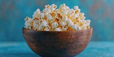 Freshly popped popcorn served in a wooden bowl against a textured blue background photo