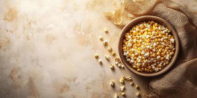 Freshly popped corn in a rustic bowl on a textured surface surrounded by scattered kernels and burlap fabric photo