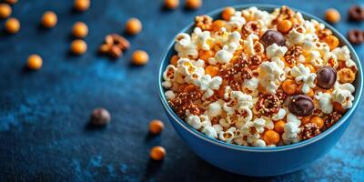 Colorful popcorn mix in a bowl on a blue surface scattered with snack pieces photo