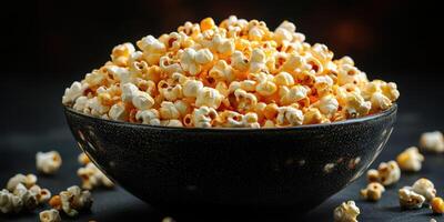 Enjoying freshly popped popcorn in a large black bowl, perfect for movie nights or snack time photo