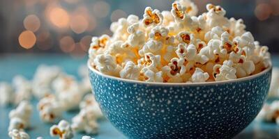 Bowl of freshly popped popcorn against a soft blurred background, perfect for movie night or casual snacking at home photo