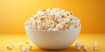 Freshly popped popcorn in a white bowl against a vibrant yellow background perfect for movie night photo