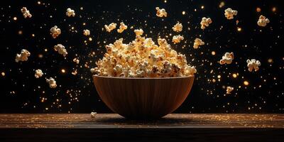 Popcorn bursting from a wooden bowl with shimmering particles in a dark setting during a movie night photo