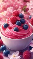 Delicious raspberry and blueberry swirl dessert in a bowl surrounded by blooming flowers photo