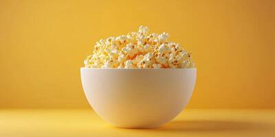 Bowl of freshly popped popcorn on a bright yellow background ideal for movie night or snack time photo