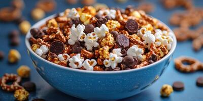 Delicious bowl of mixed popcorn snacks with chocolate candies at a colorful setting photo