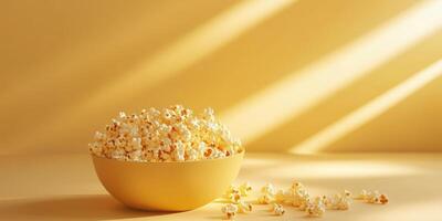 Popcorn fills a golden bowl in a warmly lit room showcasing delicious snacks for gatherings or movie nights photo