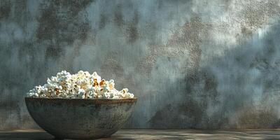 Freshly popped popcorn in a rustic bowl against a textured wall with natural light photo