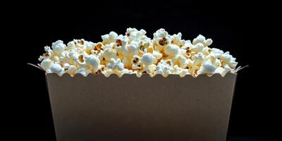 Freshly popped popcorn in a brown container against a dark background during a movie night photo