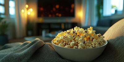 Cozy movie night with popcorn in modern living room during evening hours with soft lighting and comfortable setting photo