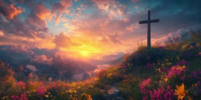 Vibrant sunset over mountains with wildflowers and a cross on peaceful hillside photo