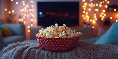Cozy evening with popcorn in a beautifully decorated living room filled with warm lights during movie night photo