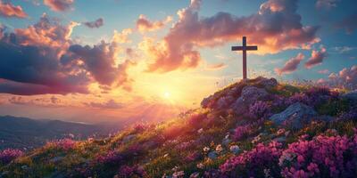 Sunset over a hill with a cross surrounded by blooming flowers and serene skies photo