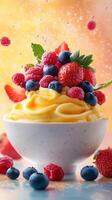 Delicious bowl of creamy mango dessert topped with fresh berries and mint leaves photo