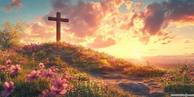 Sunrise over a peaceful hillside cross surrounded by blooming flowers photo