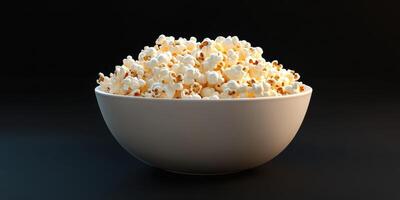 Large bowl of freshly popped popcorn sits on a dark surface ready for movie night or snack time photo