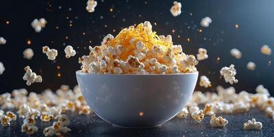 Flavorful popcorn bowl with cheese and popcorn kernels flying in all directions during a busy movie night photo