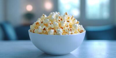Freshly popped popcorn in a white bowl set on a table with a cozy living room background photo