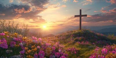 Sunset over a serene landscape with a wooden cross surrounded by vibrant flowers photo