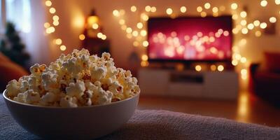 Cozy movie night at home with popcorn and warm string lights in the background photo