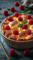 Delicious raspberry dessert baked in a ceramic dish garnished with mint leaves photo