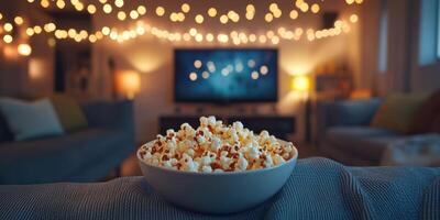 Cozy indoor movie night with popcorn and warm lighting in a modern living room photo